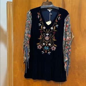 John Mark Black Velvet Blouse with Floral Embroidery